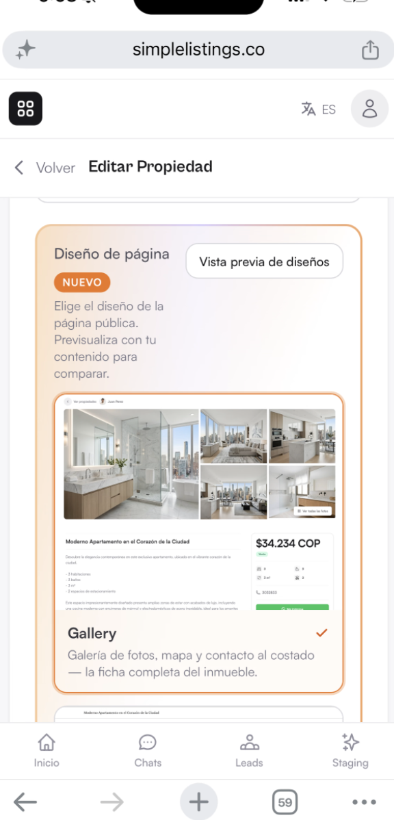 Editor de imóvel com seleção de modelo de página