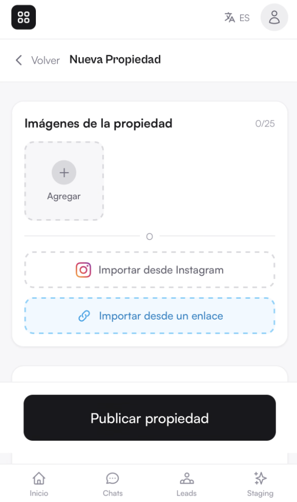 Tela de novo imóvel com importar do Instagram ou link