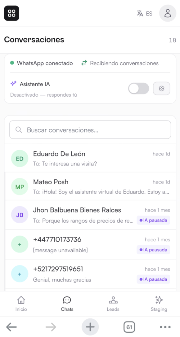 Caixa de conversas do WhatsApp com assistente de IA que você pode ativar ou pausar