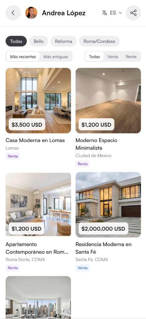 Catálogo de propiedades en SimpleListings con filtros por zona, venta y renta