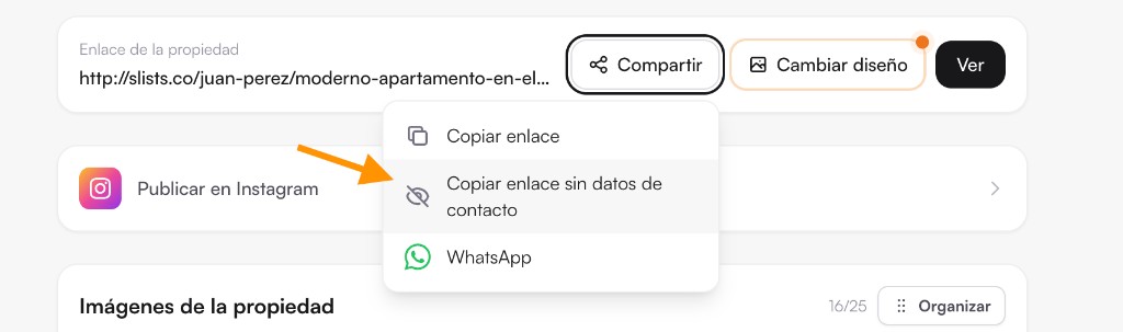 Menú Compartir en el editor de propiedades con la opción Copiar enlace sin datos de contacto
