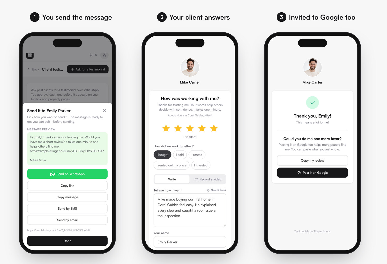 Three phone screens: the SimpleListings share panel with a ready-made review request message and WhatsApp, SMS and email buttons, the client’s review form with five stars, and the thank-you screen inviting the client to post on Google
