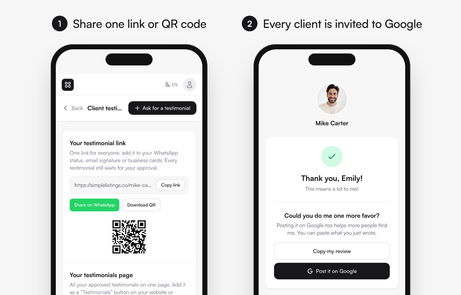 Two phone screens: the SimpleListings dashboard with the agent’s testimonial link, a Download QR button and the QR code, and the client’s thank-you screen inviting them to post the review on Google with Copy my review and Post it on Google buttons