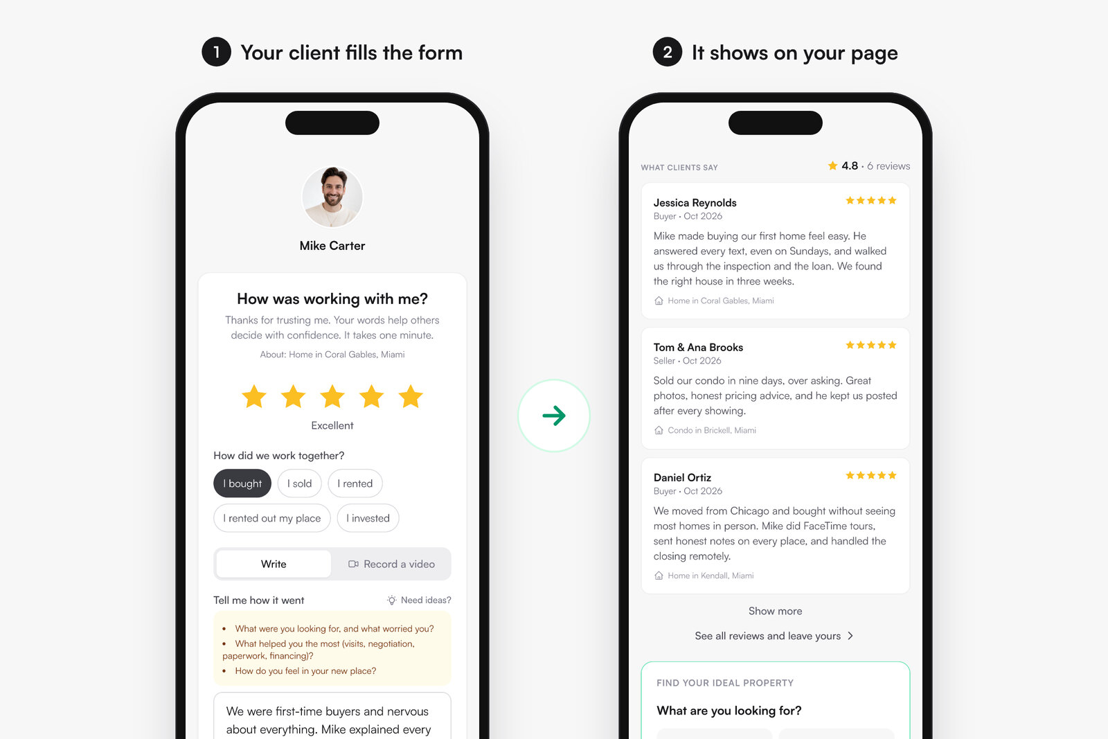 SimpleListings review form on a phone next to an agent bio link page showing a 4.8 rating and client review cards