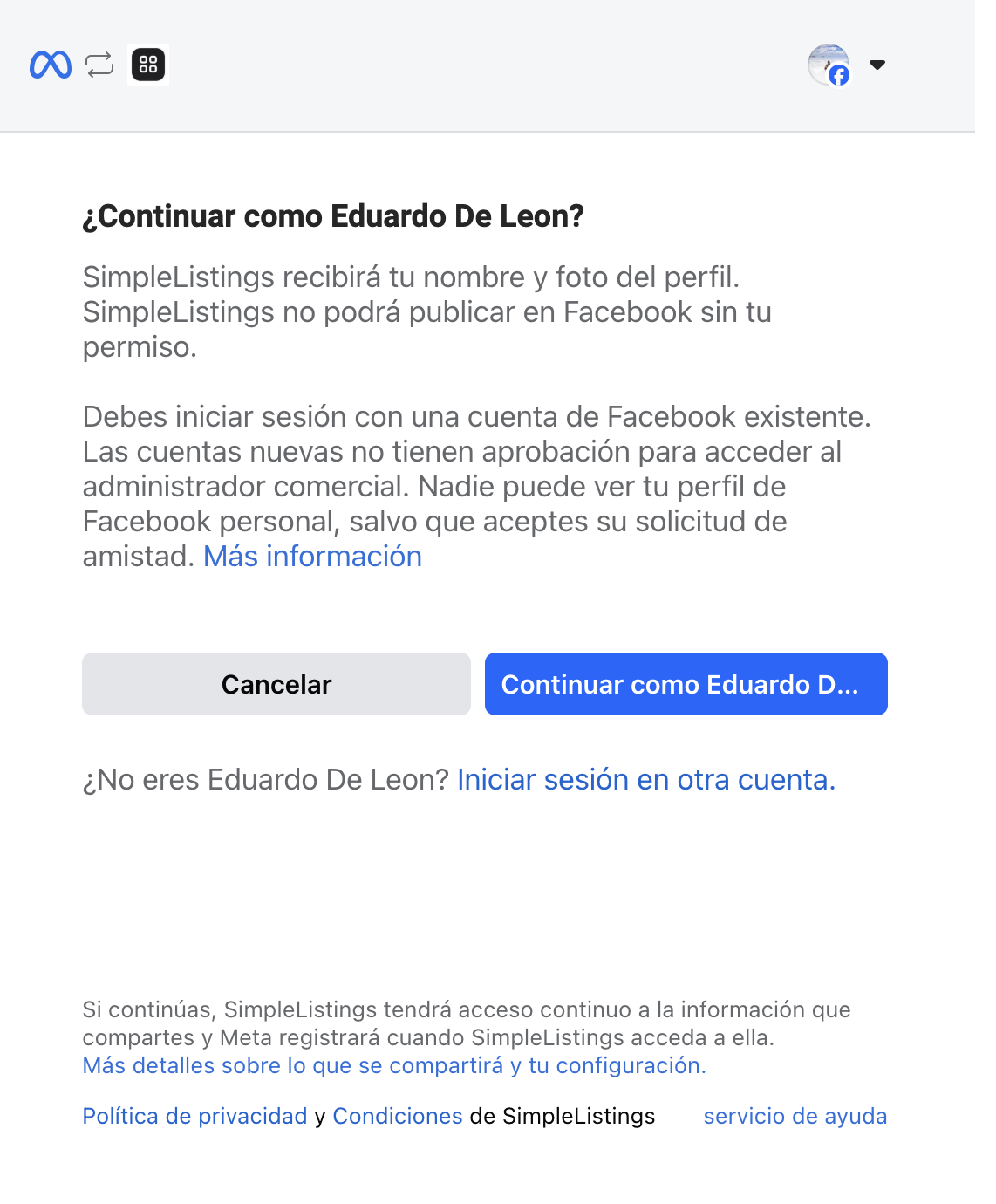 Inicio de sesión con Facebook para conectar WhatsApp Business