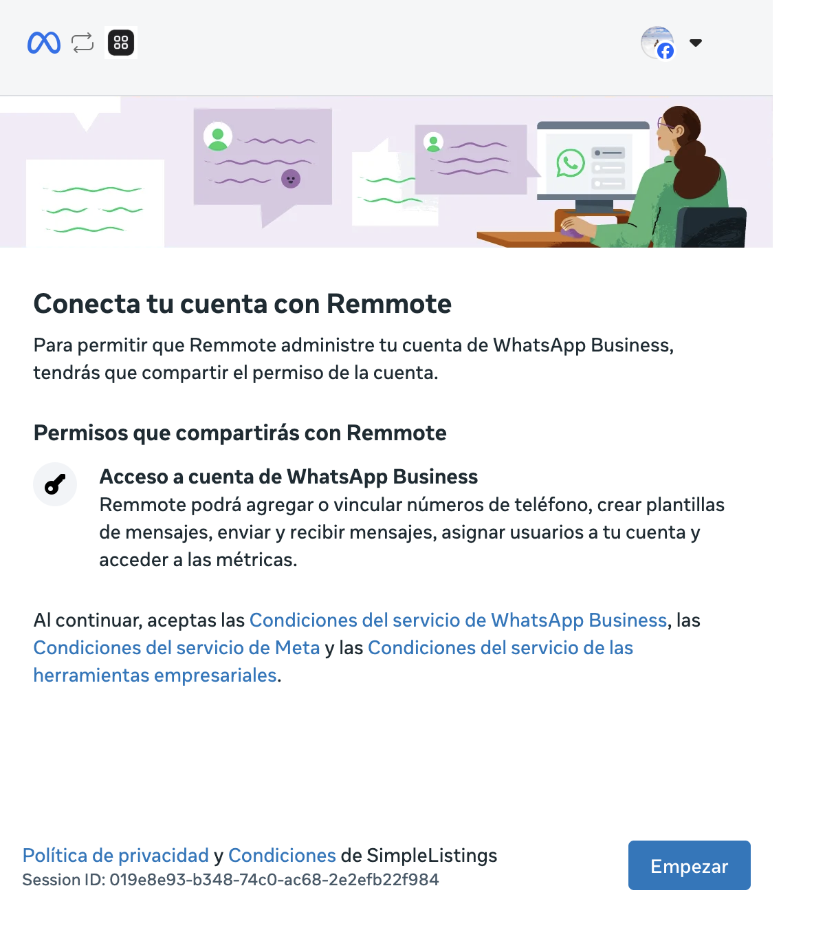 Pantalla de permisos para conectar WhatsApp Business