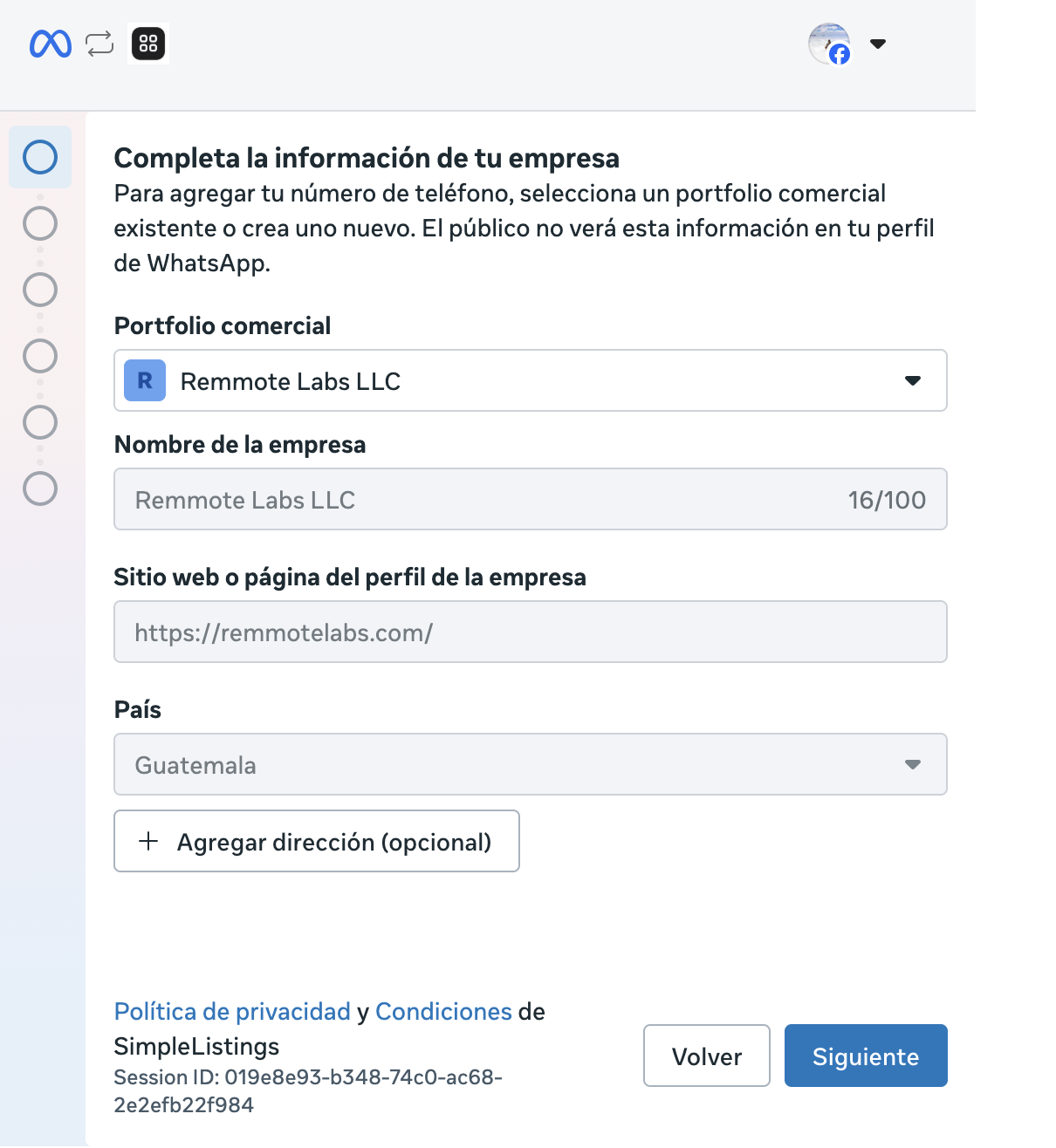 Confirmar datos de la empresa en Meta