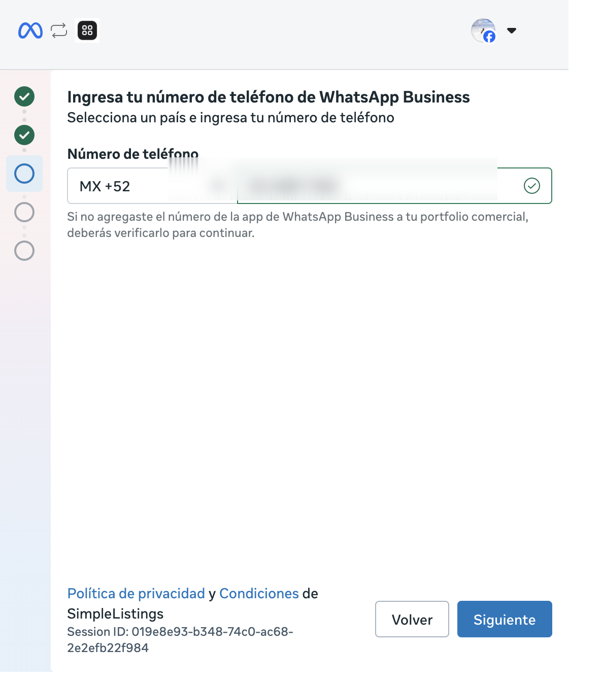 Ingresar número de WhatsApp Business