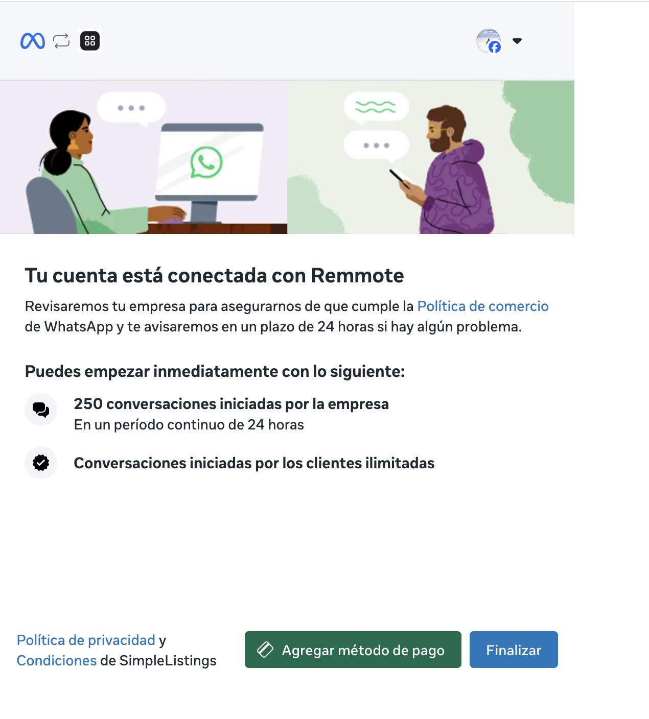 Cuenta de WhatsApp Business conectada correctamente en Meta