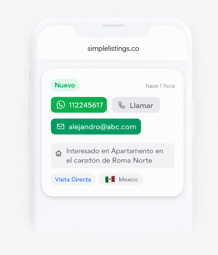 Notificación de lead mostrando datos de contacto e interés en propiedad