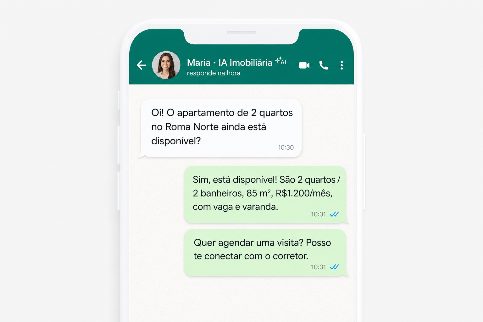 Conversa no WhatsApp em que um agente de IA responde a um comprador sobre um imóvel
